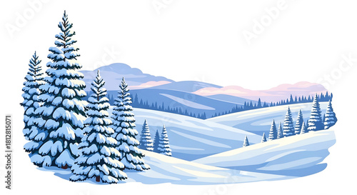 Snowy Winter Landscape Illustration with Evergreen Trees and Rolling Hills