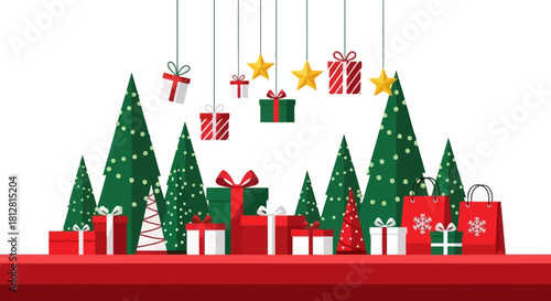 Festive Christmas Scene with Presents, Trees, and Decorations A Holiday Celebration