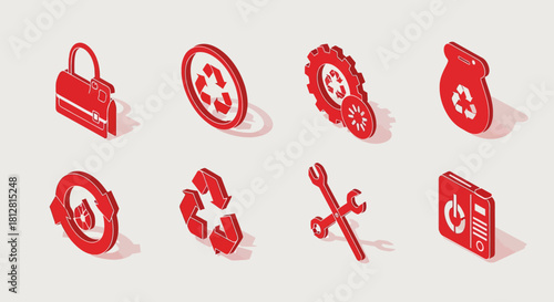 Red isometric icons of recycling, repair, and power concepts on light background