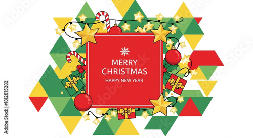 Festive Christmas and New Year's Greeting Card with Geometric Design and Decorations