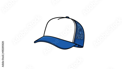 Vector illustration of illustration of a blue and white trucker hat with mesh back isolated on transparent background 