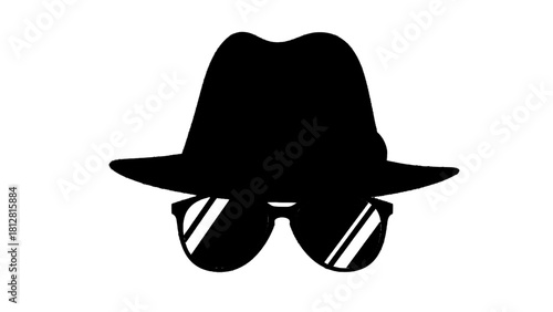 Vector illustration of black silhouette icon of a fedora hat and sunglasses representing a spy or incognito mode isolated on transparent background 