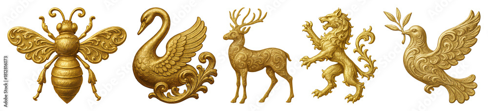 Fototapeta premium PNG Golden ornate animal emblems, element set on transparent background