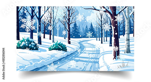 Serene winter wonderland with snow-covered path and gentle snowfall.