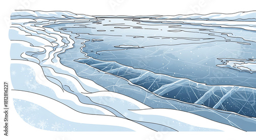 Serene frozen lake scenery illustration under pale blue winter sky