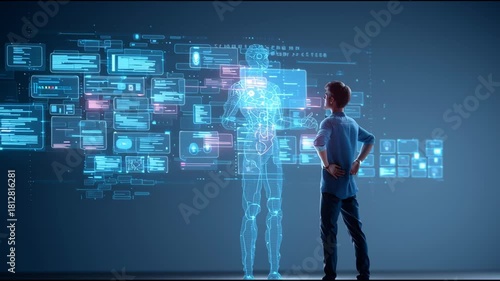 A collage of futuristic AI interface images showing digital data, holographic screens, and human hands interacting with virtual technology in a cyber-inspired environment.