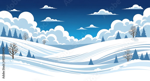 Serene winter landscape illustration with snowy hills and cloudy sky.