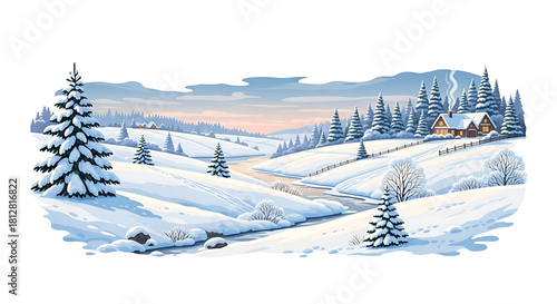 Charming winter landscape illustration with cozy cabin and snowy trees