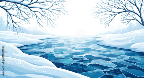 Tranquil winter landscape scene with frozen river and snow-covered banks