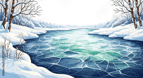 Serene winter landscape with snow-covered banks and fractured ice river.