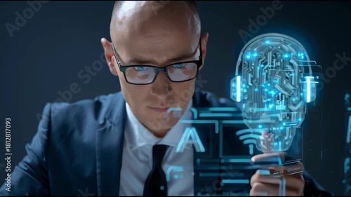 A collage of futuristic AI interface images showing digital data, holographic screens, and human hands interacting with virtual technology in a cyber-inspired environment.