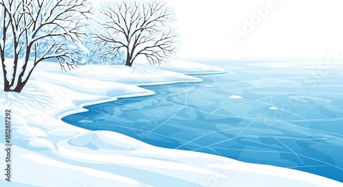Winter landscape illustration with frozen lake and bare trees along shore