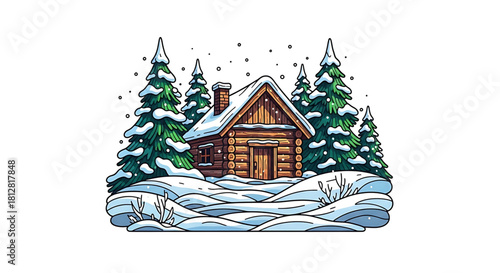 Cozy winter cabin nestled amidst snowy trees during a gentle snowfall.