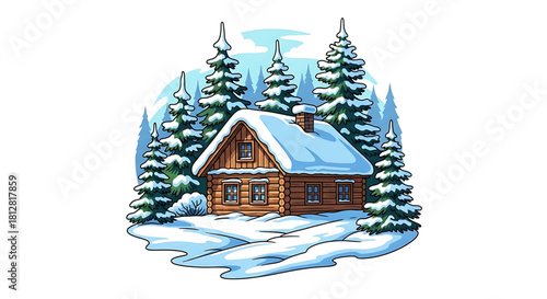 Cartoon log cabin nestled among snowy fir trees in winter
