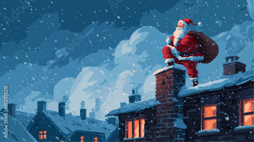 Santa climbing chimney on snowy rooftop with glowing windows and falling snow for cinematic holiday posters and festive advertising