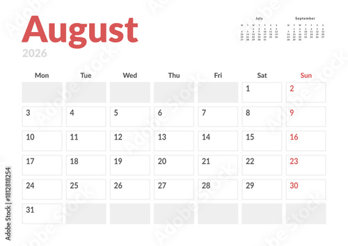 Monthly page Calendar Planner Template design of August 2026. Vector layout of calendar with week start Monday for Scheduling. Page for size A4 or 21x29.7 cm