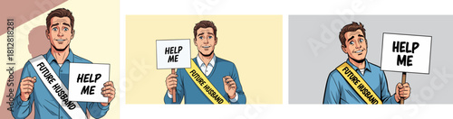 Young man holding signs with messages in three illustrative panels, isolated,  vector, set  