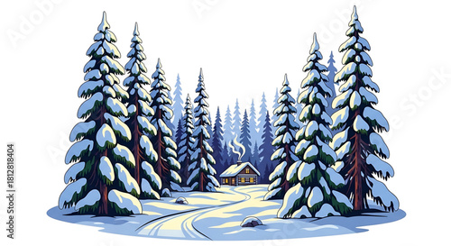 Serene winter landscape with snow-covered trees and a cozy cabin