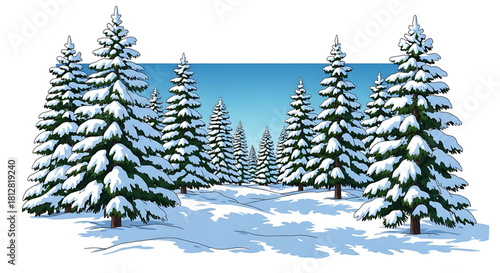 Serene Winter Forest Scene with Snow-Covered Trees and Blue Sky