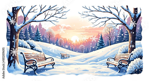 Winter serenity: A snowy landscape with benches and gentle sunrise