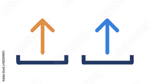 Upload icon with arrow and box for file transfer and data sharing process in orange and blue color schemes