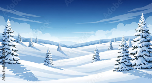 Serene Winter Landscape: Snow-Covered Hills and Evergreen Trees Illustration