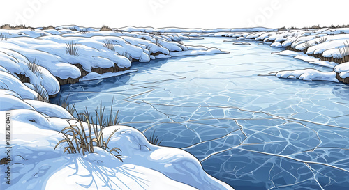Frozen River Landscape: Tranquil Winter Scene with Snow-Covered Banks