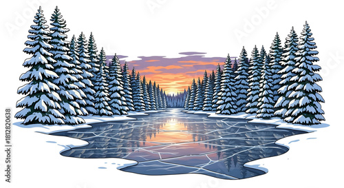 Frozen lake at sunset surrounded by snow-covered evergreen forest