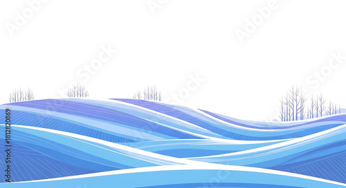 Serene winter landscape illustration featuring rolling hills and bare trees