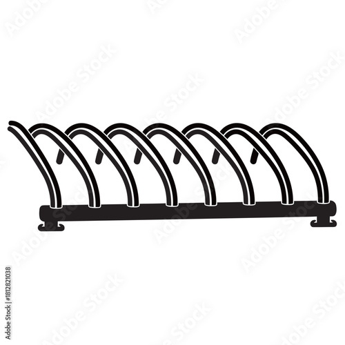 Set of black silhouette icons featuring various modern public bicycle parking racks and stands, representing urban infrastructure, cycling facilities, sustainability, and eco-friendly transportation