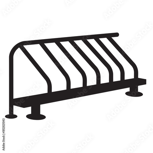 Set of black silhouette icons featuring various modern public bicycle parking racks and stands, representing urban infrastructure, cycling facilities, sustainability, and eco-friendly transportation