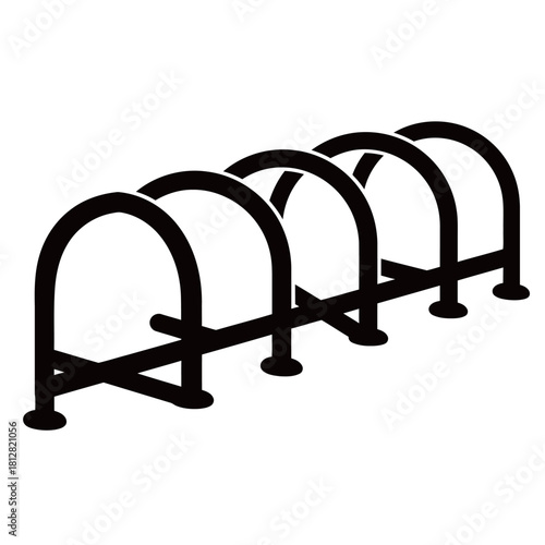 Set of black silhouette icons featuring various modern public bicycle parking racks and stands, representing urban infrastructure, cycling facilities, sustainability, and eco-friendly transportation