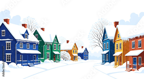 Colorful Winter Houses Illustration with Snow, Charming and Delightful Ambiance