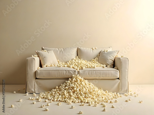 Overflowing popcorn on beige sofa in minimalist room