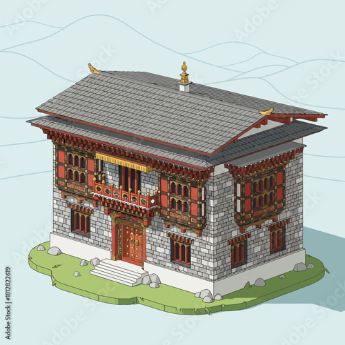 Detailed Isometric Illustration of a Traditional Bhutanese Building Complex