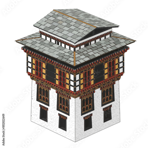 Illustration of a Traditional Bhutanese Building with Intricate Design