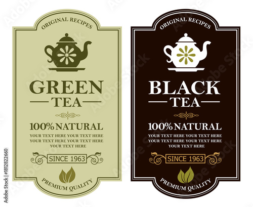 collection of green and black tea labels with leaves and cup