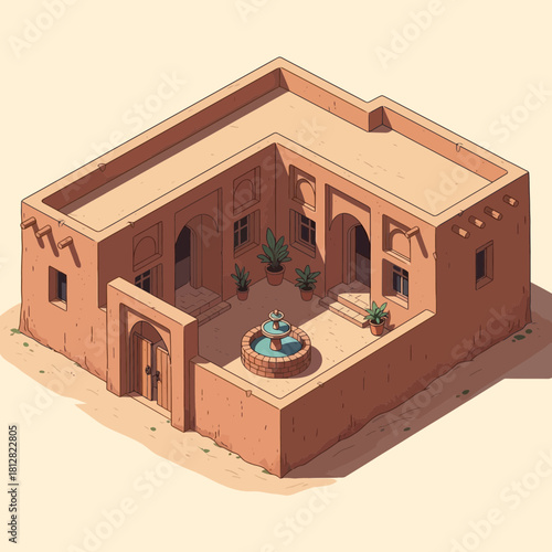 Isometric desert architecture courtyard design with a fountain and plants