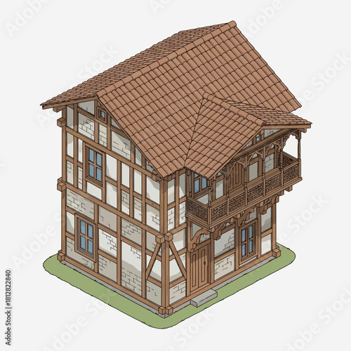 Isometric illustration of a half-timbered house with a balcony design concept