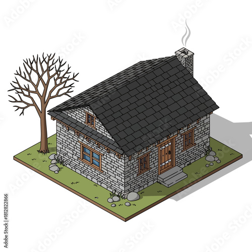 Isometric illustration of a quaint stone cottage with chimney and leafless tree