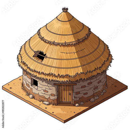 Isometric illustration of a rustic hut with thatched roof and stone walls