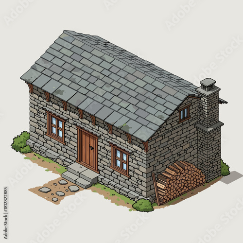 Isometric illustration of a stone cottage nestled in a peaceful setting