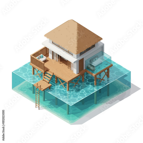Isometric illustration of an exotic overwater bungalow in a tropical paradise