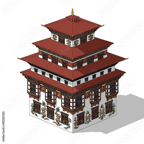 Isometric Illustration of Bhutanese Architectural Design with Intricate Details