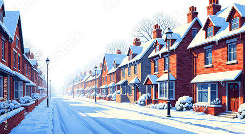 Snowy street with houses, red bricks, snow, and winter charm