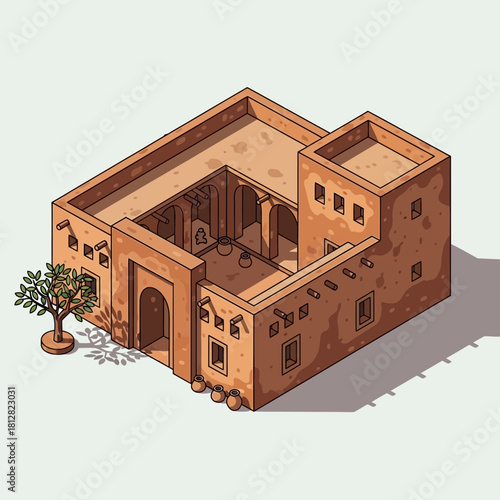 Isometric illustration of middle eastern or arabian house design with courtyard