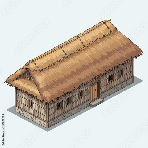 Isometric Illustration of Traditional Asian Thatched Roof Village House