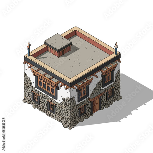 Isometric illustration of traditional tibetan building with architectural features
