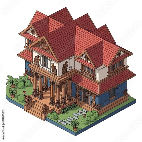 Isometric Illustrative Traditional Residence with Intricate Woodwork Details