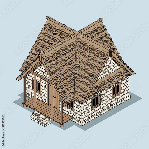Isometric view of a charming thatched-roof cottage with stone walls
